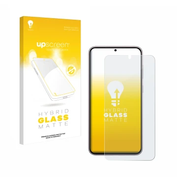 Parte frontal de un envase de producto con el logotipo de la marca upscreen. Al lado se muestra el dispositivo Samsung Galaxy 