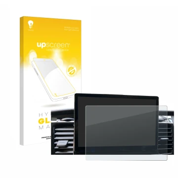 Parte frontal de un envase de producto con el logotipo de la marca upscreen. Al lado se muestra el dispositivo Ford Transit SY