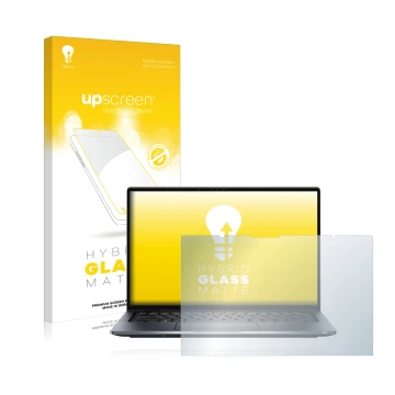 Parte frontal de un envase de producto con el logotipo de la marca upscreen. Al lado se muestra el dispositivo Dell Latitude 9