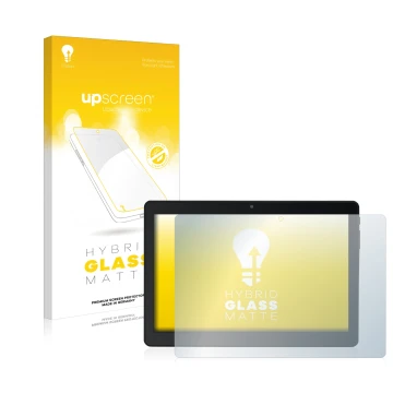 Parte frontal de un envase de producto con el logotipo de la marca upscreen. Al lado se muestra el dispositivo Acepad A145 10.