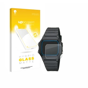 Parte frontal de un envase de producto con el logotipo de la marca upscreen. Al lado se muestra el dispositivo Casio F-105W-1A