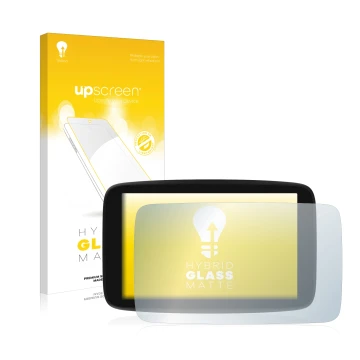 Parte frontal de un envase de producto con el logotipo de la marca upscreen. Al lado se muestra el dispositivo TomTom GO Exclu