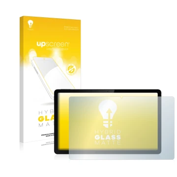 Parte frontal de un envase de producto con el logotipo de la marca upscreen. Al lado se muestra el dispositivo realme Pad 10.4