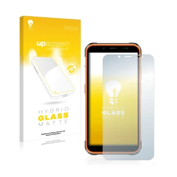 Parte frontal de un envase de producto con el logotipo de la marca upscreen. Al lado se muestra el dispositivo Ulefone Power A