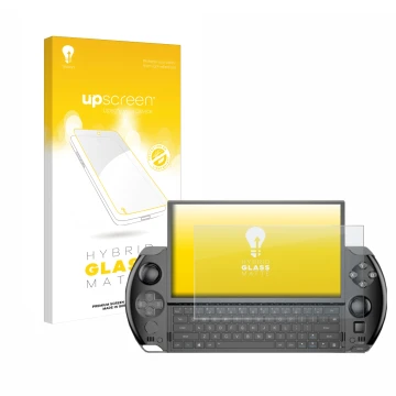 Parte frontal de un envase de producto con el logotipo de la marca upscreen. Al lado se muestra el dispositivo GPD Win 4 con s