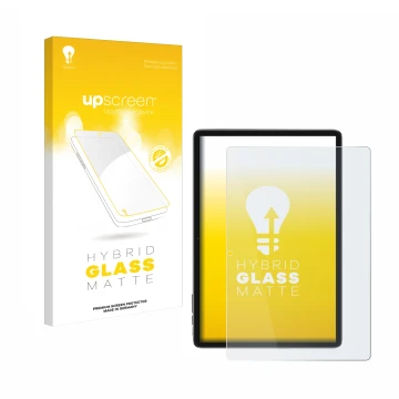 Parte frontal de un envase de producto con el logotipo de la marca upscreen. Al lado se muestra el dispositivo Blackview Tab 7