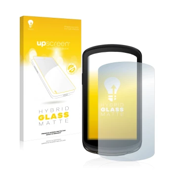 Parte frontal de un envase de producto con el logotipo de la marca upscreen. Al lado se muestra el dispositivo Garmin Edge 104