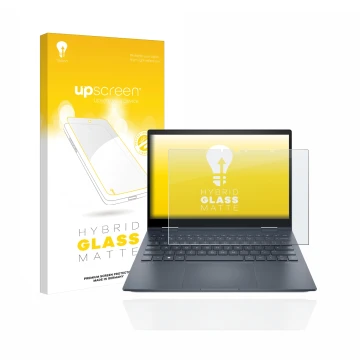 Parte frontal de un envase de producto con el logotipo de la marca upscreen. Al lado se muestra el dispositivo HP Envy x360 13
