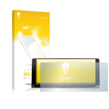 Parte frontal de un envase de producto con el logotipo de la marca upscreen. Al lado se muestra el dispositivo Volkswagen T7 M