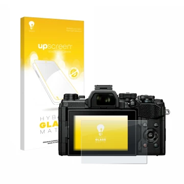 Parte frontal de un envase de producto con el logotipo de la marca upscreen. Al lado se muestra el dispositivo Olympus OM Syst