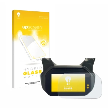 Parte frontal de un envase de producto con el logotipo de la marca upscreen. Al lado se muestra el dispositivo BMW C400 GT TFT