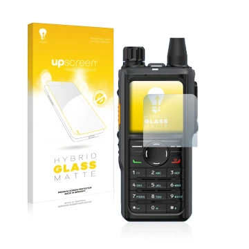 Parte frontal de un envase de producto con el logotipo de la marca upscreen. Al lado se muestra el dispositivo Hytera HP 685 c