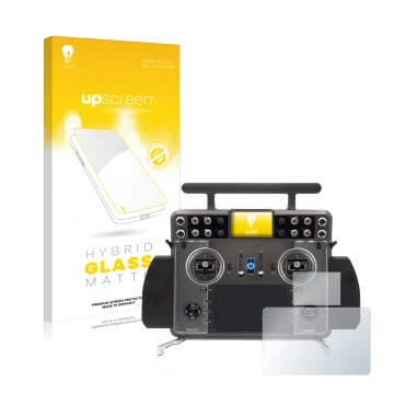 Parte frontal de un envase de producto con el logotipo de la marca upscreen. Al lado se muestra el dispositivo FrSky Tandem XE
