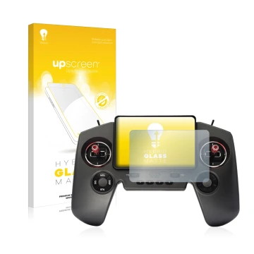 Parte frontal de un envase de producto con el logotipo de la marca upscreen. Al lado se muestra el dispositivo FrSky Twin Lite