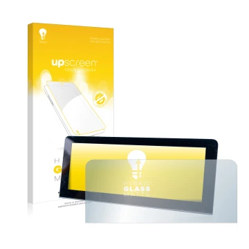 Parte frontal de un envase de producto con el logotipo de la marca upscreen. Al lado se muestra el dispositivo MG 4 con su pro