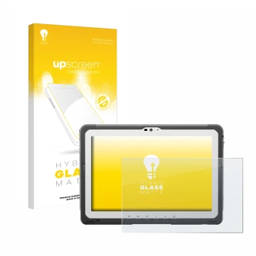 Parte frontal de un envase de producto con el logotipo de la marca upscreen. Al lado se muestra el dispositivo Panasonic Tough