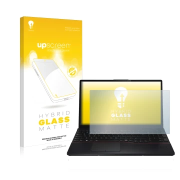 Parte frontal de un envase de producto con el logotipo de la marca upscreen. Al lado se muestra el dispositivo Fujitsu Lifeboo