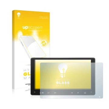 Parte frontal de un envase de producto con el logotipo de la marca upscreen. Al lado se muestra el dispositivo Atoto A6 PF 9 Z