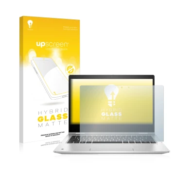 Parte frontal de un envase de producto con el logotipo de la marca upscreen. Al lado se muestra el dispositivo HP ProBook x360