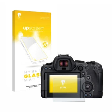 Parte frontal de un envase de producto con el logotipo de la marca upscreen. Al lado se muestra el dispositivo Canon EOS R6 Ma