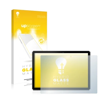 Parte frontal de un envase de producto con el logotipo de la marca upscreen. Al lado se muestra el dispositivo Pritom M10 10.1