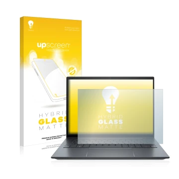 Parte frontal de un envase de producto con el logotipo de la marca upscreen. Al lado se muestra el dispositivo HP Elite Dragon