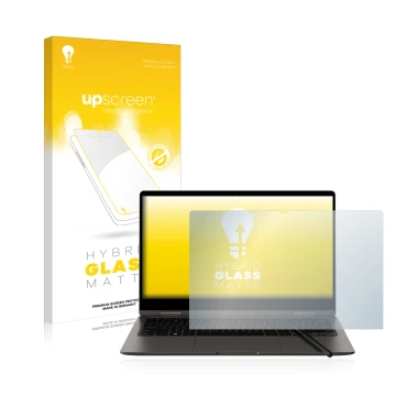 Parte frontal de un envase de producto con el logotipo de la marca upscreen. Al lado se muestra el dispositivo Samsung Galaxy 