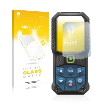 Parte frontal de un envase de producto con el logotipo de la marca upscreen. Al lado se muestra el dispositivo Bosch GLM 50-25