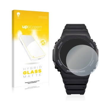 Parte frontal de un envase de producto con el logotipo de la marca upscreen. Al lado se muestra el dispositivo Casio G-Shock G