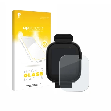 Parte frontal de un envase de producto con el logotipo de la marca upscreen. Al lado se muestra el dispositivo Xplora X6 Play 