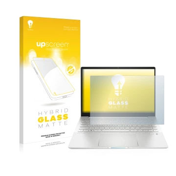 Parte frontal de un envase de producto con el logotipo de la marca upscreen. Al lado se muestra el dispositivo HP Pavilion Plu
