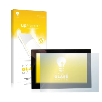 Parte frontal de un envase de producto con el logotipo de la marca upscreen. Al lado se muestra el dispositivo MG 4 7-Zoll Dig