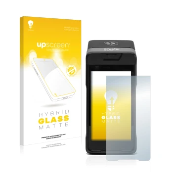 Parte frontal de un envase de producto con el logotipo de la marca upscreen. Al lado se muestra el dispositivo myPOS Carbon co