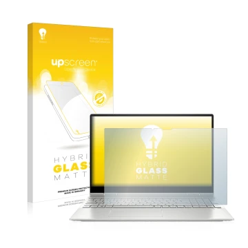 Parte frontal de un envase de producto con el logotipo de la marca upscreen. Al lado se muestra el dispositivo HP Envy x360 2-