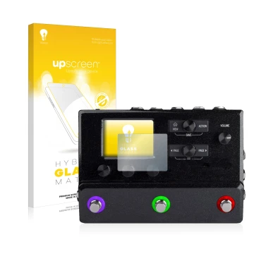 Parte frontal de un envase de producto con el logotipo de la marca upscreen. Al lado se muestra el dispositivo Line 6 hx stomp