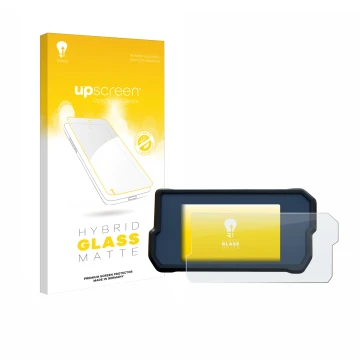 Parte frontal de un envase de producto con el logotipo de la marca upscreen. Al lado se muestra el dispositivo KTM 390 Duke 20