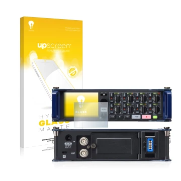 Parte frontal de un envase de producto con el logotipo de la marca upscreen. Al lado se muestra el dispositivo Zoom F8 field r