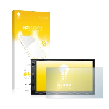 Parte frontal de un envase de producto con el logotipo de la marca upscreen. Al lado se muestra el dispositivo Atoto S8 Standa