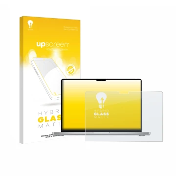 Parte frontal de un envase de producto con el logotipo de la marca upscreen. Al lado se muestra el dispositivo Apple MacBook P