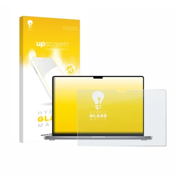 Parte frontal de un envase de producto con el logotipo de la marca upscreen. Al lado se muestra el dispositivo Apple MacBook P