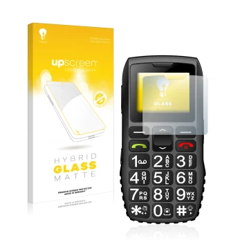 Parte frontal de un envase de producto con el logotipo de la marca upscreen. Al lado se muestra el dispositivo artfone C1 + co