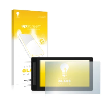 Parte frontal de un envase de producto con el logotipo de la marca upscreen. Al lado se muestra el dispositivo Huion Kamvas Pr