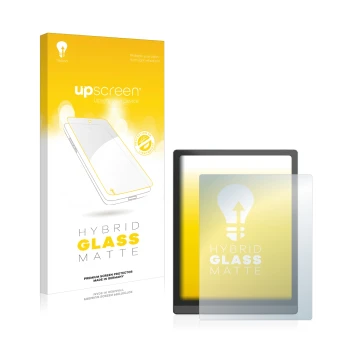 Parte frontal de un envase de producto con el logotipo de la marca upscreen. Al lado se muestra el dispositivo Boox Tab X con 