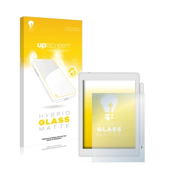 Parte frontal de un envase de producto con el logotipo de la marca upscreen. Al lado se muestra el dispositivo Boox Nova Air 2