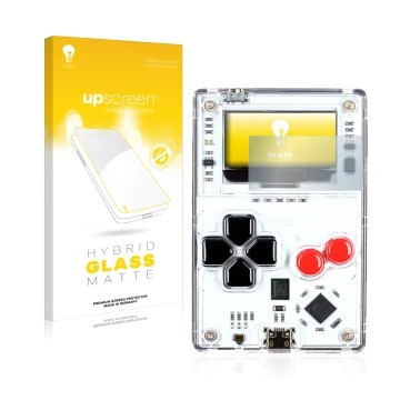 Parte frontal de un envase de producto con el logotipo de la marca upscreen. Al lado se muestra el dispositivo Arduboy FX con 