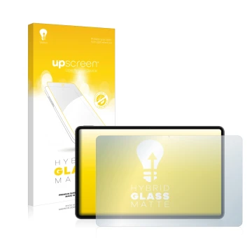 Parte frontal de un envase de producto con el logotipo de la marca upscreen. Al lado se muestra el dispositivo Huawei MateBook