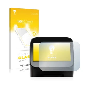 Parte frontal de un envase de producto con el logotipo de la marca upscreen. Al lado se muestra el dispositivo Shaper Origin G