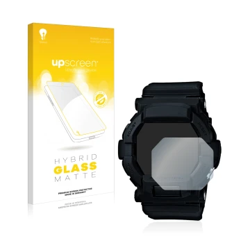 Parte frontal de un envase de producto con el logotipo de la marca upscreen. Al lado se muestra el dispositivo Casio G-Shock G