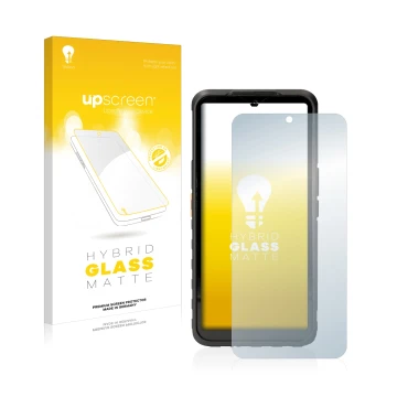 Parte frontal de un envase de producto con el logotipo de la marca upscreen. Al lado se muestra el dispositivo Caterpillar Cat