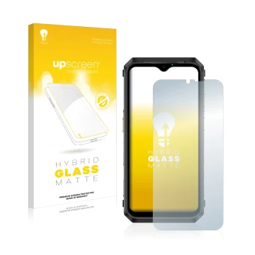 Parte frontal de un envase de producto con el logotipo de la marca upscreen. Al lado se muestra el dispositivo Ulefone Power A